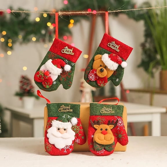 YUNOVA Mini Christmas Gloves 4 Pack 3D Gift Card Bags Holders with Santa Snowman Reindeer Bear, Small Rustic Felt Xmas Tree Ornaments Set for Bulk Treats Gifts Stairs Fireplace Home Party Decorations