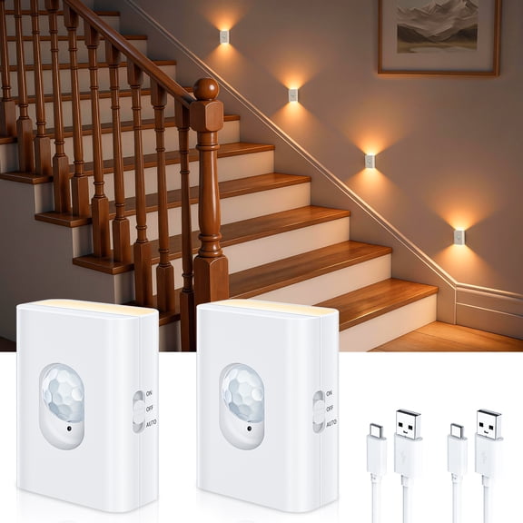 WILLED Motion Sensor Light Indoor, Rechargeable Warm White Stair Lights, Stick on Led Night Lights for Hallway Bedroom Kitchen Cabinet, 2 Pack