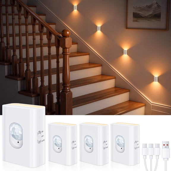 WILLED Motion Sensor Light Indoor, Rechargeable Warm White Stair Lights, Stick on Led Night Lights for Hallway Bedroom Kitchen Cabinet, 4 Pack