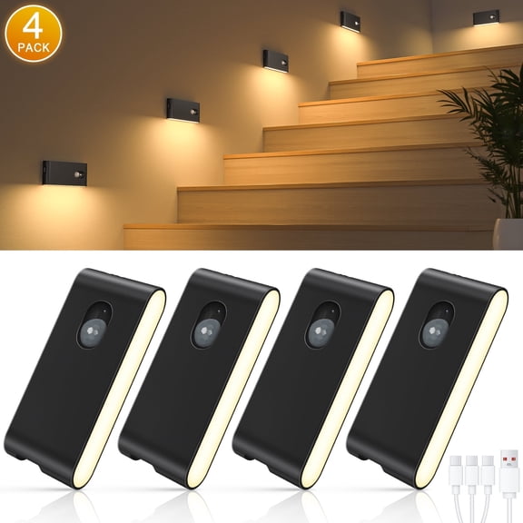 WILLED Rechargeable Motion Sensor Stair Lights, Battery Operated Night Lights, Wireless LED Stick-On Motion Activated Night Lights for Hallways, Stairs, Bathroom, Kitchen, Garage, 4 Pack