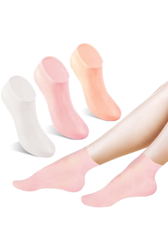 Silicone Socks 3 Pairs Aloe Socks Silicone Gel Heel Socks Anti Slip Silicone Moisturizing Socks for Women Men Dry Cracking Skin, Pink, Beige and White