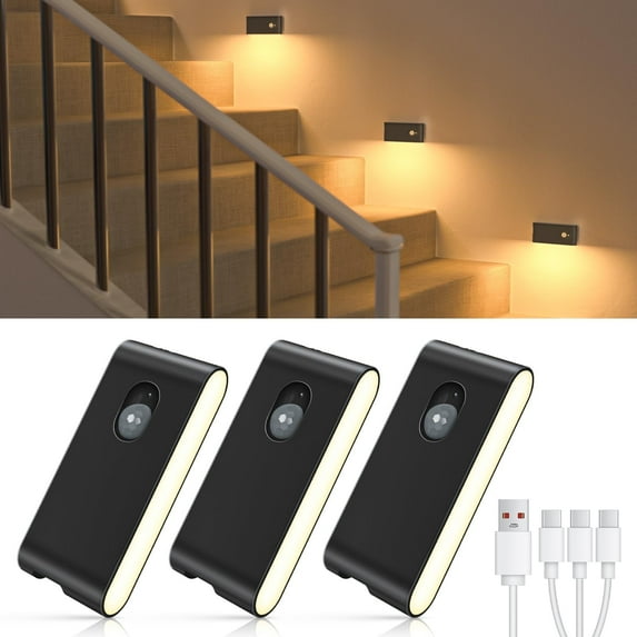 WILLED Stair Lights Indoor, Rechargeable Motion Sensor Night Lights, Battery Operated, Warm White, Wireless Stick on Light for Hallway Entry Stairs Bathroom Kitchen Garage Laundry, 3 Pack