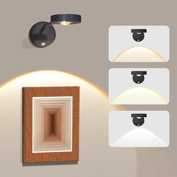 YUNOVA Wireless Picture Light Battery Operated, 2200mAh Rechargeable Motion Sensor Wall Light 360° Rotatable Wall Sconce 3 Lighting Colors and Dimmable Brightness for Cabinet, Corridor, Reading