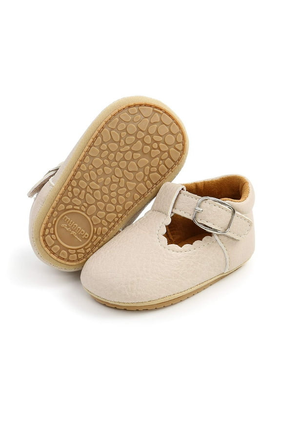 Baby Girls Mary Jane Flats Non-Slip Soft Sole Classic Princess Dress Crib Shoes for Toddler First Walkers(Beige, 0-6 Months Infant)