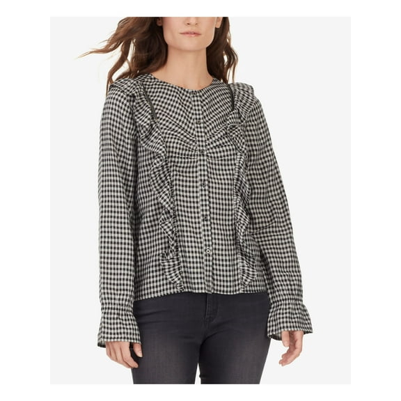 WILLIAM RAST Womens Black Ruffled Plaid Long Sleeve Button Up Top M