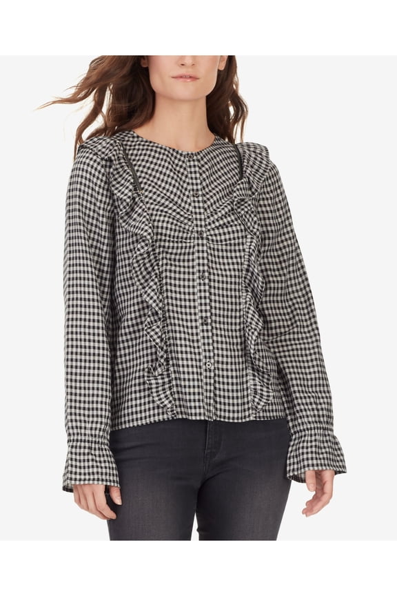 Womens Black Ruffled Plaid Long Sleeve Button Up Top M