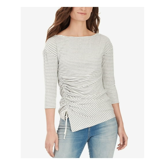 WILLIAM RAST Womens Gray Ruched Striped 3/4 Sleeve Boat Neck T-Shirt XS