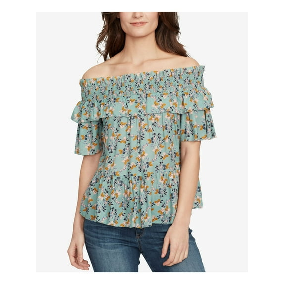 WILLIAM RAST Womens Green Floral Off The Shoulder Top M