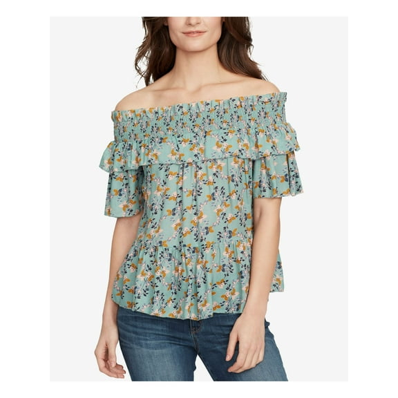 WILLIAM RAST Womens Green Floral Off The Shoulder Top M
