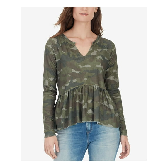 WILLIAM RAST Womens Green Ruffled Camouflage Long Sleeve V Neck Peplum Top S