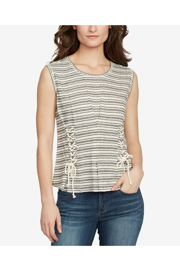 Womens Ivory Striped Corset Detail Sleeveless Scoop Neck Top M