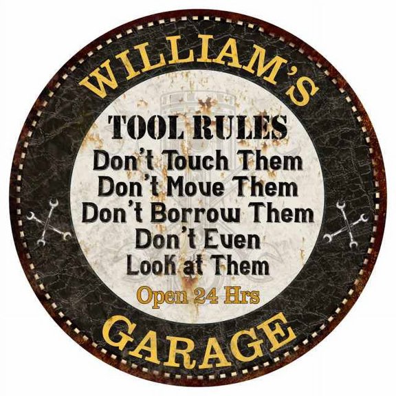 WILLIAM'S Garage Rules 14" Round Metal Sign Garage Bar Wall Decor 100140013454