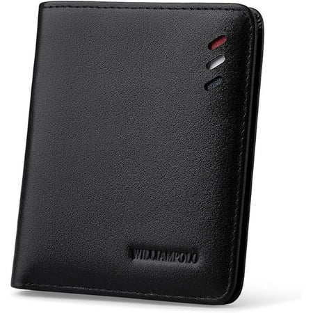WILLIAMPOLO Men’s Genuine Leather Slim Bifold Wallet with ID Window, 6 Card Slots, V-Shape Slot, Compact Front Pocket Design – Black