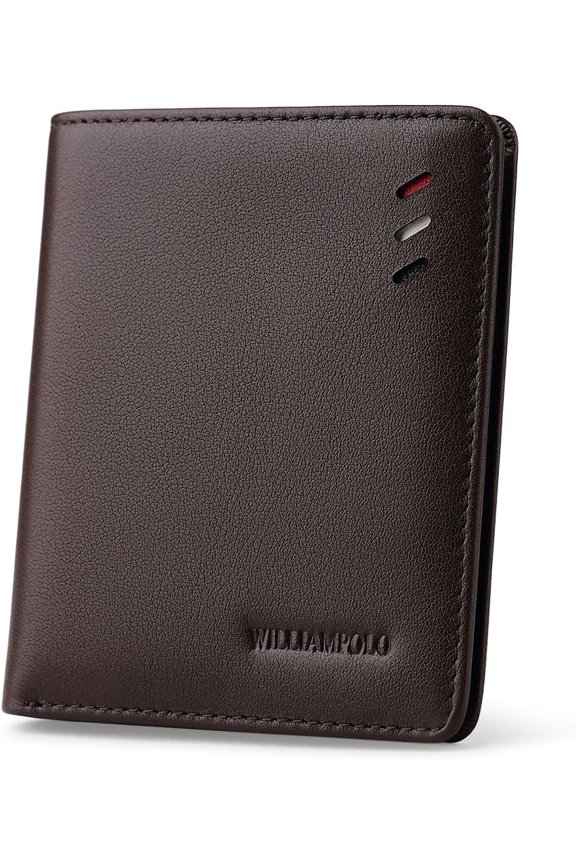 Men’s Genuine Leather Slim Bifold Wallet with ID Window, 6 Card Slots, V-Shape Slot, Compact Front Pocket Design – Brown