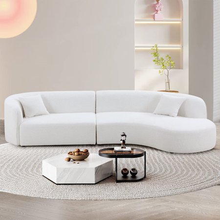 WILLIAMSPACE 126" Luxury Modern Style Curved Sofa, Upholstery Boucle Sofa Couch with 2 Pillows, Right Hand Facing Sectional Boucle Fabric Couch for Living Room