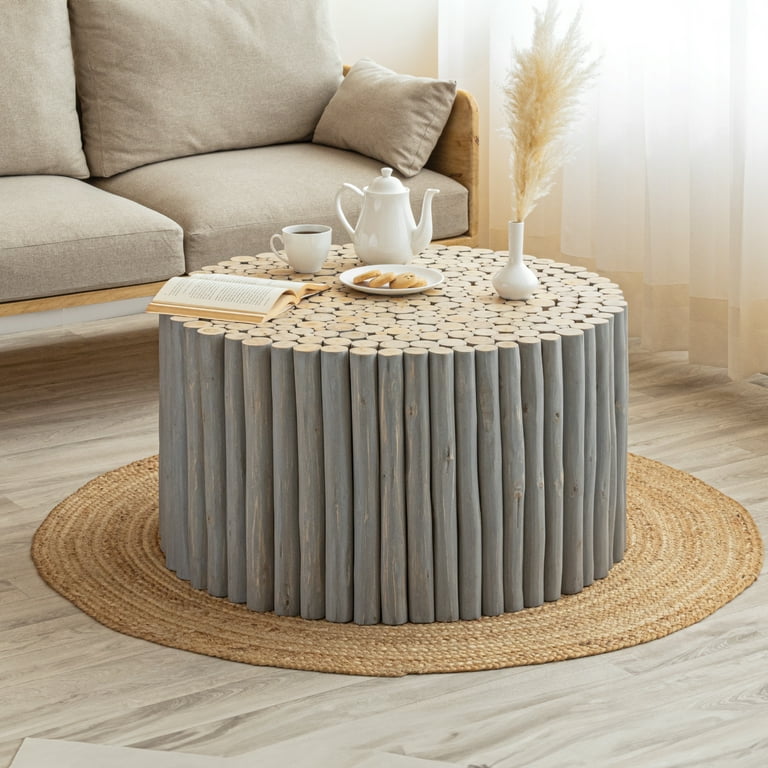 NicBex Modern 32 Round Wood Coffee Table with Tree Stump Look for Living Room and Bedroom Gray