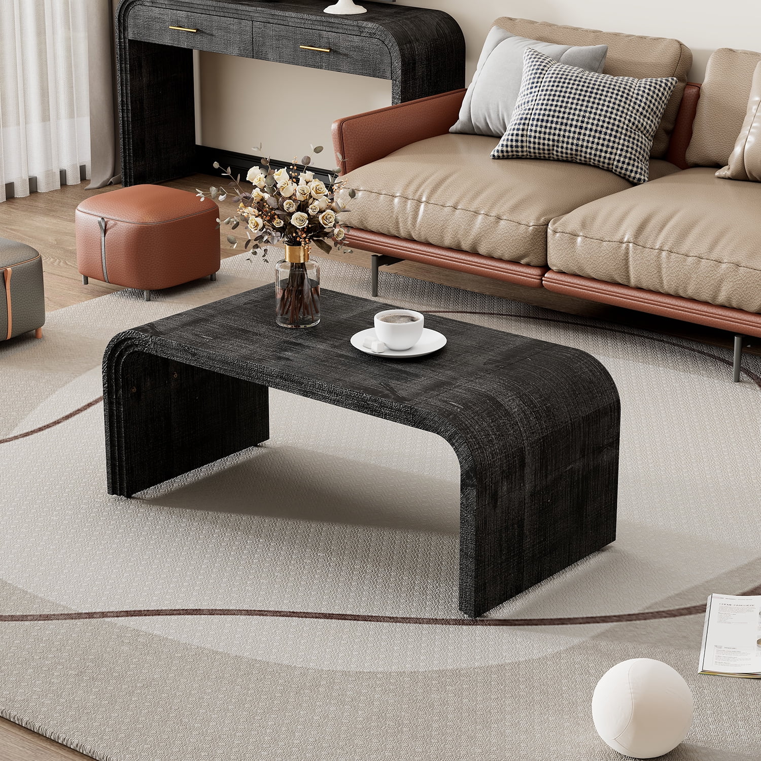 WILLIAMSPACE Coffee Table with Curved Art Deco Design Retro Black Rectangle Cocktail Tea Coffee Table Minimalist Wood Center Table for Living Room