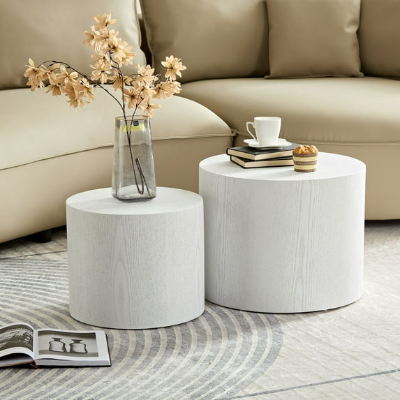 WILLIAMSPACE Nesting Coffee Table Set of 2, Round Coffee Table Wood Grain Side Table Circle Accent Tables for Small Spaces Living Room Bedroom Balcony Office, White