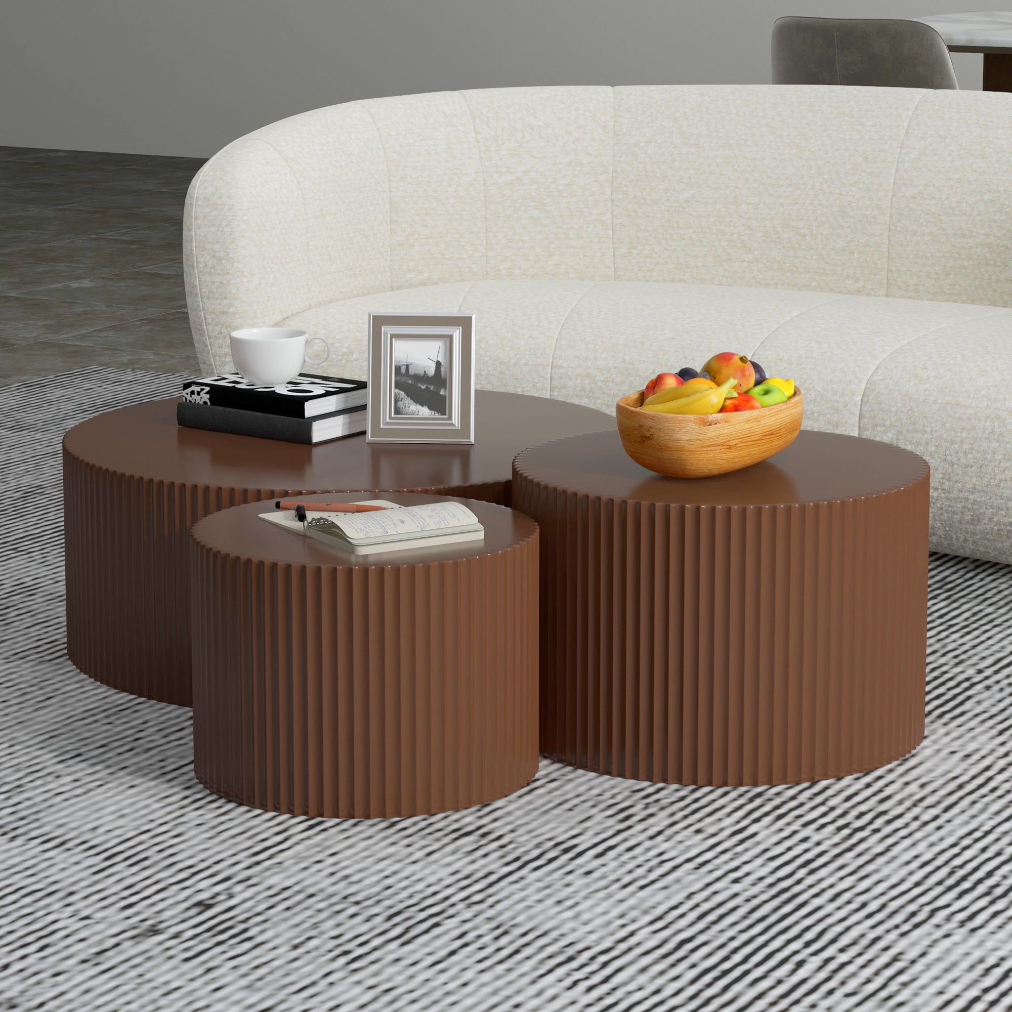 WILLIAMSPACE Round Coffee Table Set of 3, Modern Wood Nesting Table Handcraft Drum Accent Side ...