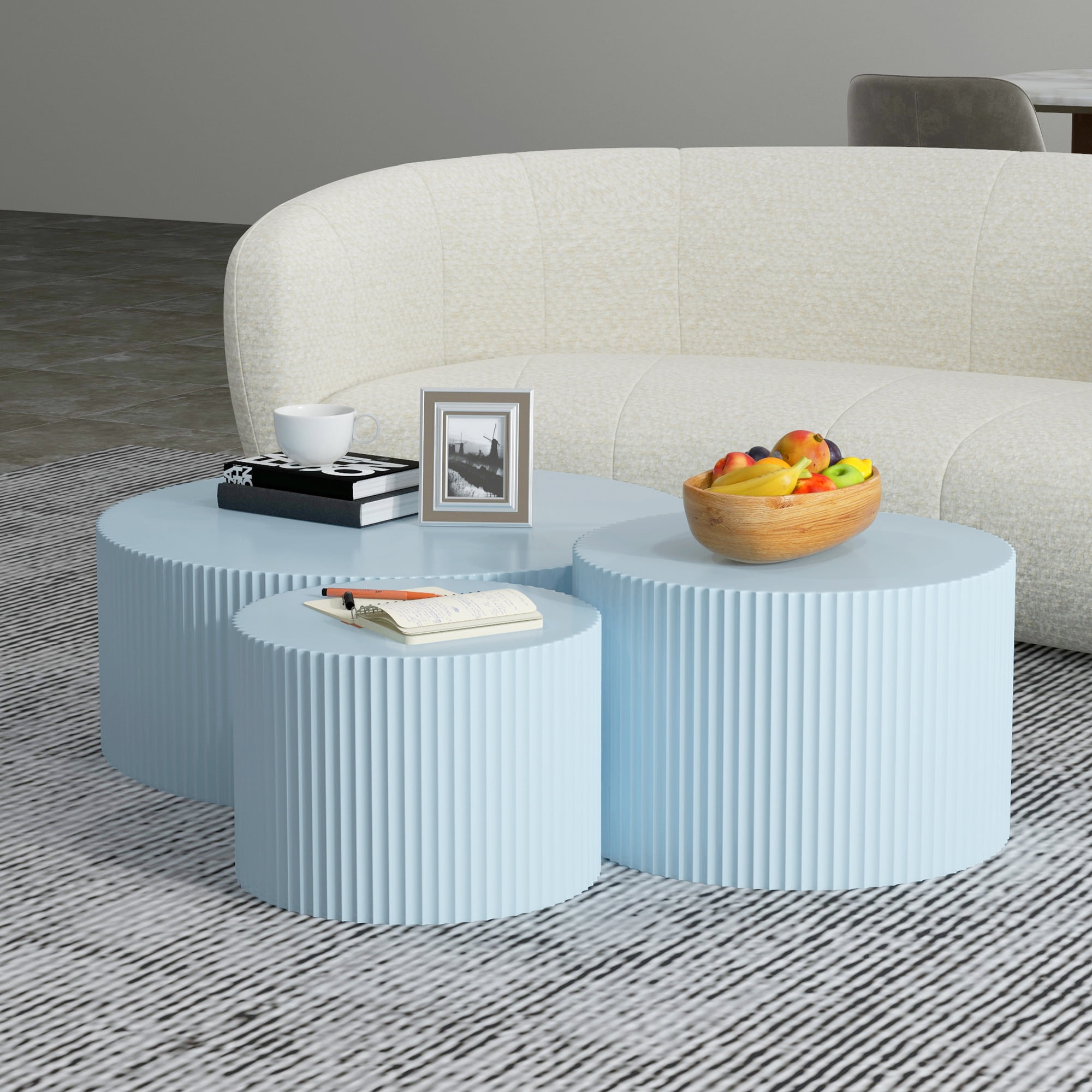 WILLIAMSPACE Round Coffee Table Set of 3, Modern Wood Nesting Table Handcraft Drum Accent Side ...