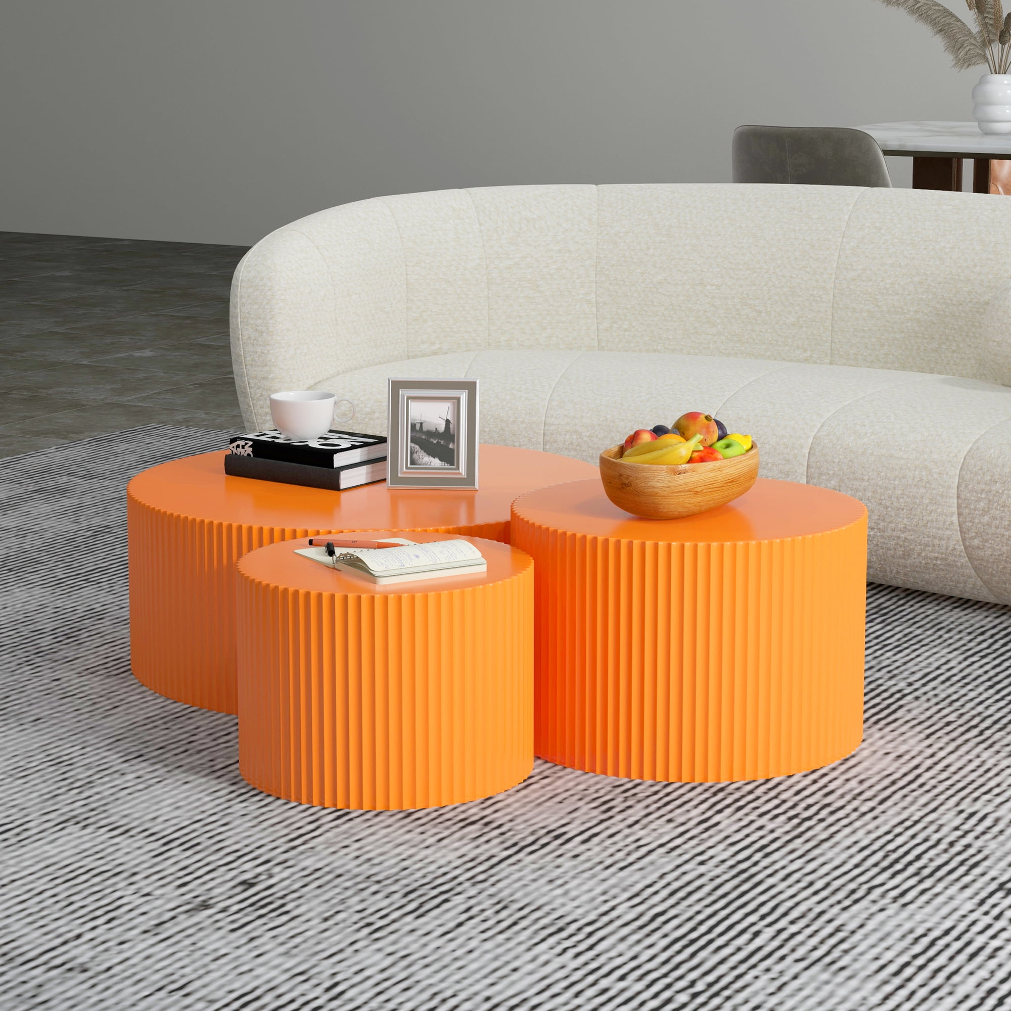 WILLIAMSPACE Round Coffee Table Set of 3, Modern Wood Nesting Table Handcraft Drum Accent Side ...