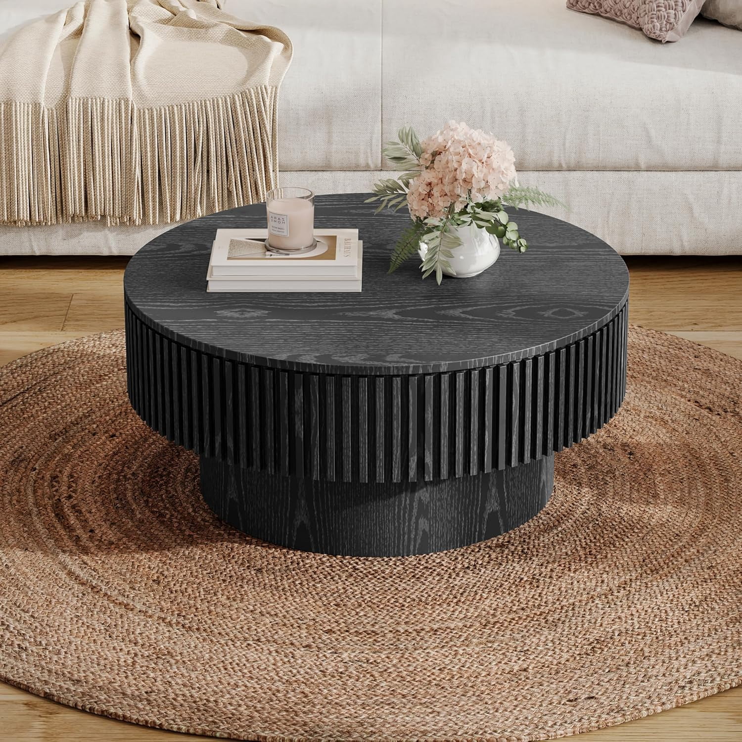 WILLIAMSPACE Round Coffee Table with Storage, Contemporary Circlar Drum ...