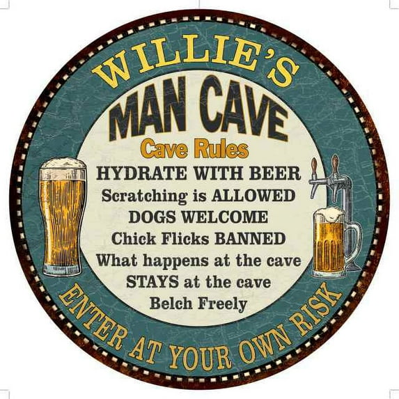WILLIE'S Man Cave Rules 14" Round Metal Sign Garage Wall Decor 100140009364