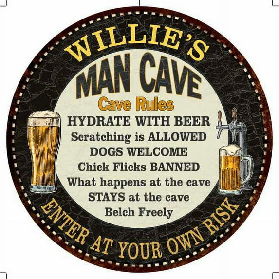 WILLIE'S Man Cave Rules 14" Round Metal Sign Garage Wall Decor 100140010364