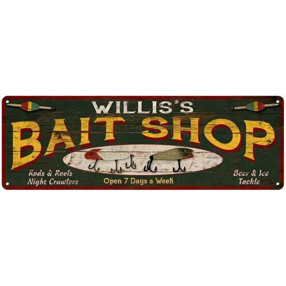 WILLIS'S Bait Shop Sign Wood Look Man Cave Den Gift 6x18 Metal 206180024351