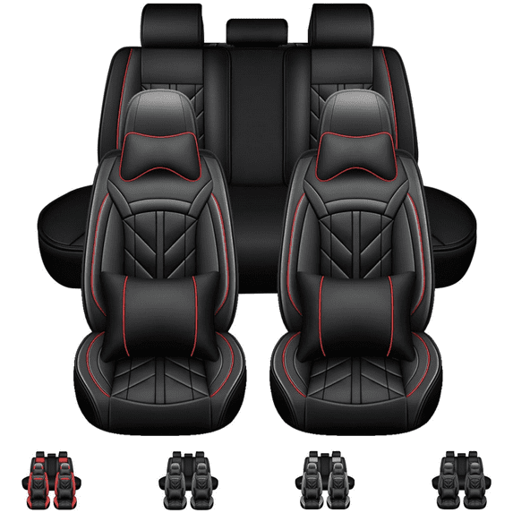 WILLJOY Black+Red Line, Faux Leather, Waterproof, Front Back Seat Covers, 5 Pieces