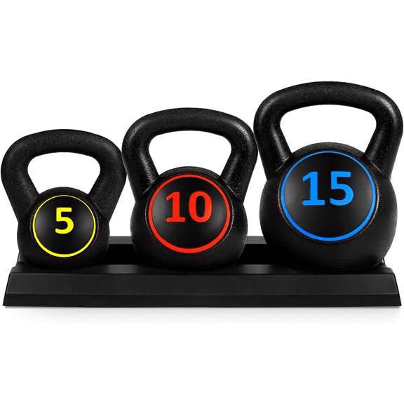 WILLYO  3-Piece Kettlebell Set with Storage Rack, HDPE Coated Exercise Fitness Concrete Weights for Home Gym, Strength Training, HIIT Workout 5lb, 10lb, 15lb