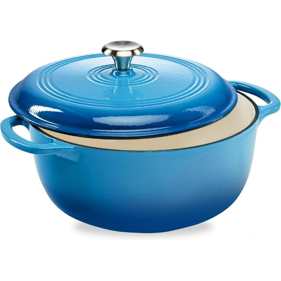 WILLYO 6 Quart Enamel Cast-Iron Round Dutch Oven, Family Style Heavy-Duty Pre-Seasoned Cookware for Home, Kitchen, Dining Room, Oven Safe w/Lid, Dual Handles - Blue