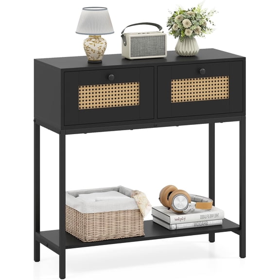WILLYO STORE Rattan Console Table, Boho Narrow Sofa Table with 2 Storage Drawers and Open Shelf, 3-Tier Entryway Table with Sturdy Metal Frame for Living Room, Hallway, Foyer, 32 Inch (Black)