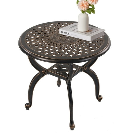 WILOUNGE 21" Cast Aluminum Outdoor Side Table,All Weather Anti-Rust Round Small Outdoor End Table for Patio Pool Balcony Deck Porch Lawn Backyard