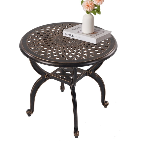 WILOUNGE Cast Aluminum Outdoor Side Table,All Weather Anti-Rust Round Small Outdoor End Table for Patio Pool Balcony Deck Porch Lawn Backyard