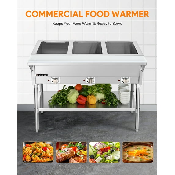 WILPREP Commercial Food Warmer, 1500W Electric Steam Table with 8" Cutting Board & Storage Shelf, 44" Stainless Steel Steam Table Food Warmer with Knob Control, 3 Well