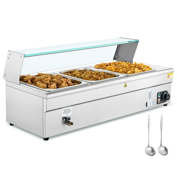 WILPREP Commercial Food Warmer with 3 1/2 Pans & Lids Sneeze Guards Drain Valve