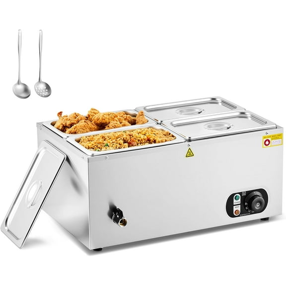 WILPREP Single-Well Food Warmer with Four 1/4 Pans, Electric Warmer for Food with Adjustable Temp. & Auto Shutoff, Stainless Steel Food Heating Unit for Buffet Food Truck Hotel Catering