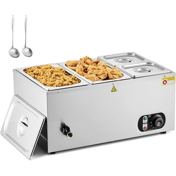 WILPREP Single-Well Food Warmer with Two 1/3 Two 1/6 Pans, Electric Warmer for Food with Adjustable Temp & Auto Shutoff, Stainless Steel Food Heating Unit for Buffet Food Truck Hotel More