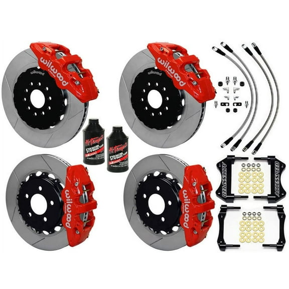 WILWOOD 14.25 BIG BRAKE KIT WITH FREE BRAKE LINES & BRAKE FLUID, AERO6 FRONT, AERO4 REAR, RED CALIPERS, SLOTTED ROTORS, For 2005-2011 CHARGER, CHALLENGER, MAGNUM, 300C