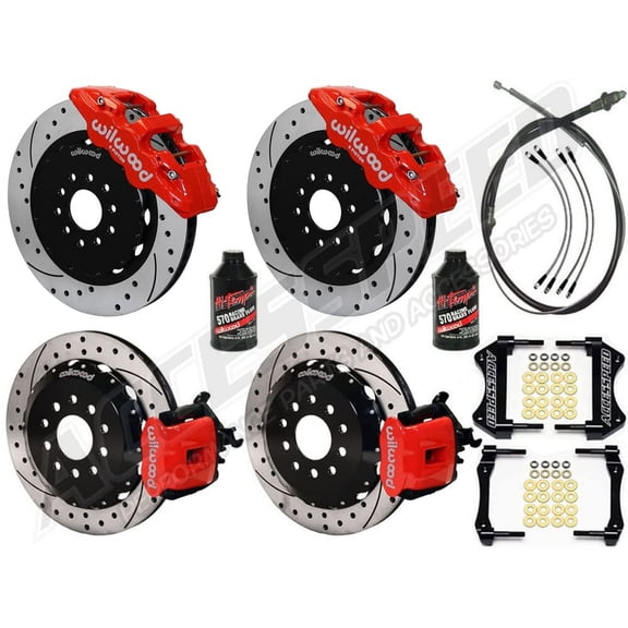 WILWOOD AERO6 14 FRONT & CPB 13 REAR BIG BRAKE KIT COMBO WITH FREE BRAKE LINES, PARKING BRAKE CABLE & FLUID, RED CALIPERS, SLOTTED ROTORS, For 2005-2014 FORD MUSTANG