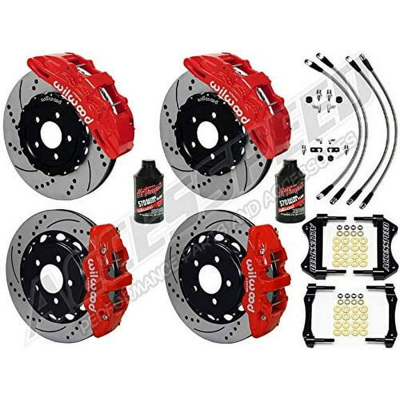 WILWOOD CAMARO BIG BRAKE KIT FRONT & REAR COMBO PACKAGE WITH FREE BRAKE LINES & BRAKE FLUID, SX6R 15 FRONT, AERO4 14 REAR, RED CALIPERS, DRILLED ROTORS, For 2010-2015 CAMARO