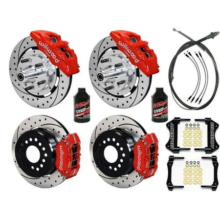 WILWOOD DYNAPRO 12 FRONT & REAR BIG BRAKE KIT COMBO WITH FREE PARKING BRAKE CABLE, BRAKE LINES & BRAKE FLUID, DRILLED ROTORS, RED CALIPERS, For 1970-1973 MUSTANG W/2.36 OFFSET