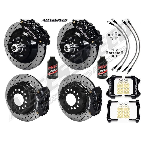 WILWOOD FRONT 13 SUPERLITE & REAR 12 DYNALITE BIG BRAKE COMBO WITH FREE LINES & FLUID, 1-PC DRILLED, BLACK, For 1962-1972 DODGE & PLYMOUTH W/2.36 OFFSET UNIDIRECTIONAL MOUNT & RP400 BEARING