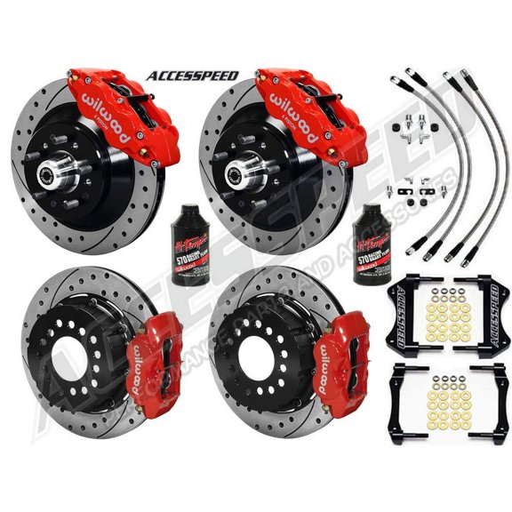 WILWOOD FRONT 13 SUPERLITE & REAR 12 DYNALITE BIG BRAKE COMBO WITH FREE LINES & FLUID, 1-PC DRILLED, RED, For 1962-1972 DODGE & PLYMOUTH W/2.36 OFFSET UNIDIRECTIONAL MOUNT & RP400 BEARING