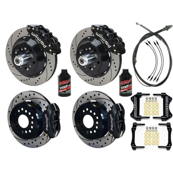 WILWOOD FRONT 14 SUPERLITE & REAR 12 DYNALITE BIG BRAKE COMBO WITH FREE BRAKE LINES & FLUID, BLACK, DRILLED, For 1962-1972 DODGE & PLYMOUTH W/2.36 OFFSET UNIDIRECTIONAL MOUNT & SNAP RING