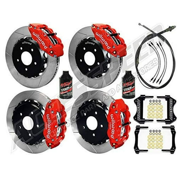 WILWOOD FRONT & REAR SUPERLITE 13 BIG BRAKE Combo WITH FREE BRAKE LINES, PARKING BRAKE CABLE & BRAKE FLUID, RED, SLOTTED, For 1976-1977 BRONCO W/2.38 OFFSET BIG NEW REAR