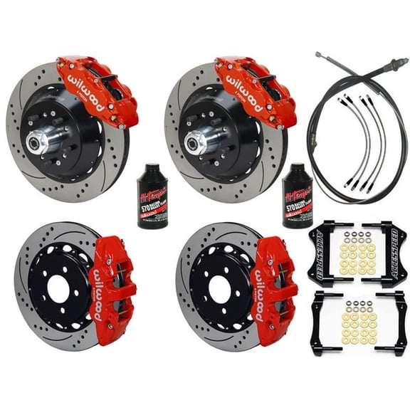 WILWOOD FRONT SL6R & REAR AERO4 14 BIG BRAKE Combo WITH FREE PARKING BRAKE CABLE, BRAKE LINES & FLUID, DRILLED ROTORS, RED CALIPERS - For 1965-1967 MUSTANG SMALL REAR 2.50 OFFSET