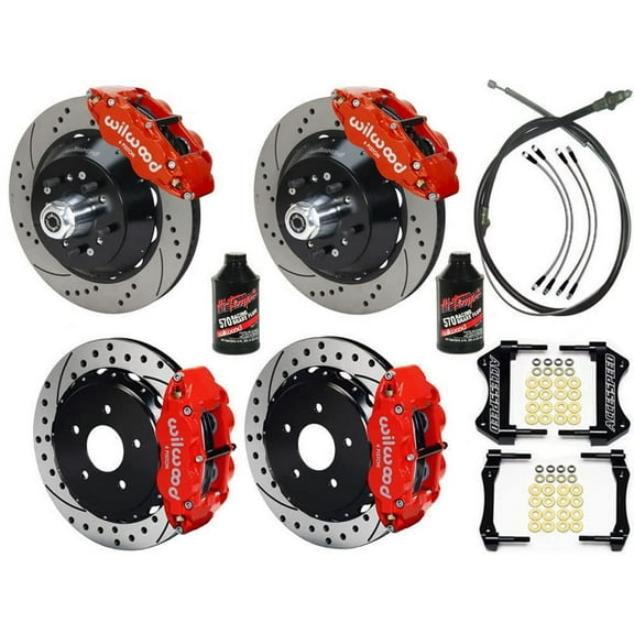 WILWOOD SL6R 14 FRONT & SL4R 13 REAR BIG BRAKE KIT COMBO WITH FREE PARKING BRAKE CABLE BRAKE LINES BRAKE FLUID RED CALIPERS & DRILLED ROTORS - For 1965-1967 MUSTANG SMALL 2.66 REAR