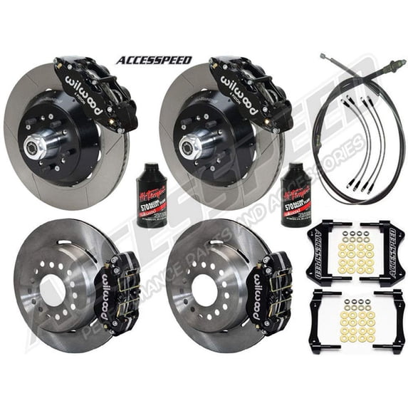 WILWOOD SLOTTED FRONT 13 SUPERLITE & REAR 11 DYNAPRO BIG BRAKE COMBO WITH FREE BRAKE LINES, PARKING BRAKE CABLE & FLUID, BLACK, For 1962-1972 DODGE & PLYMOUTH W/2.50 OFFSET & SNAP RING